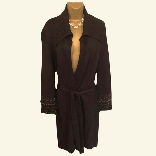 Betty Barclay Long Brown Rabbit Fur Trim Belted Cardigan UK 12 US 8 EU 40 - Timelessfashions