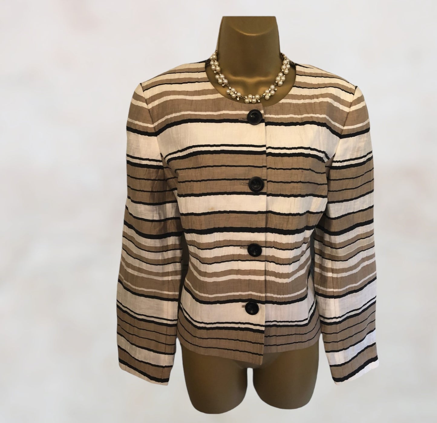 Viyella Mocha, Cream & Black Linen Mix Box Jacket UK 12 US 8 EU 40 Timeless Fashions