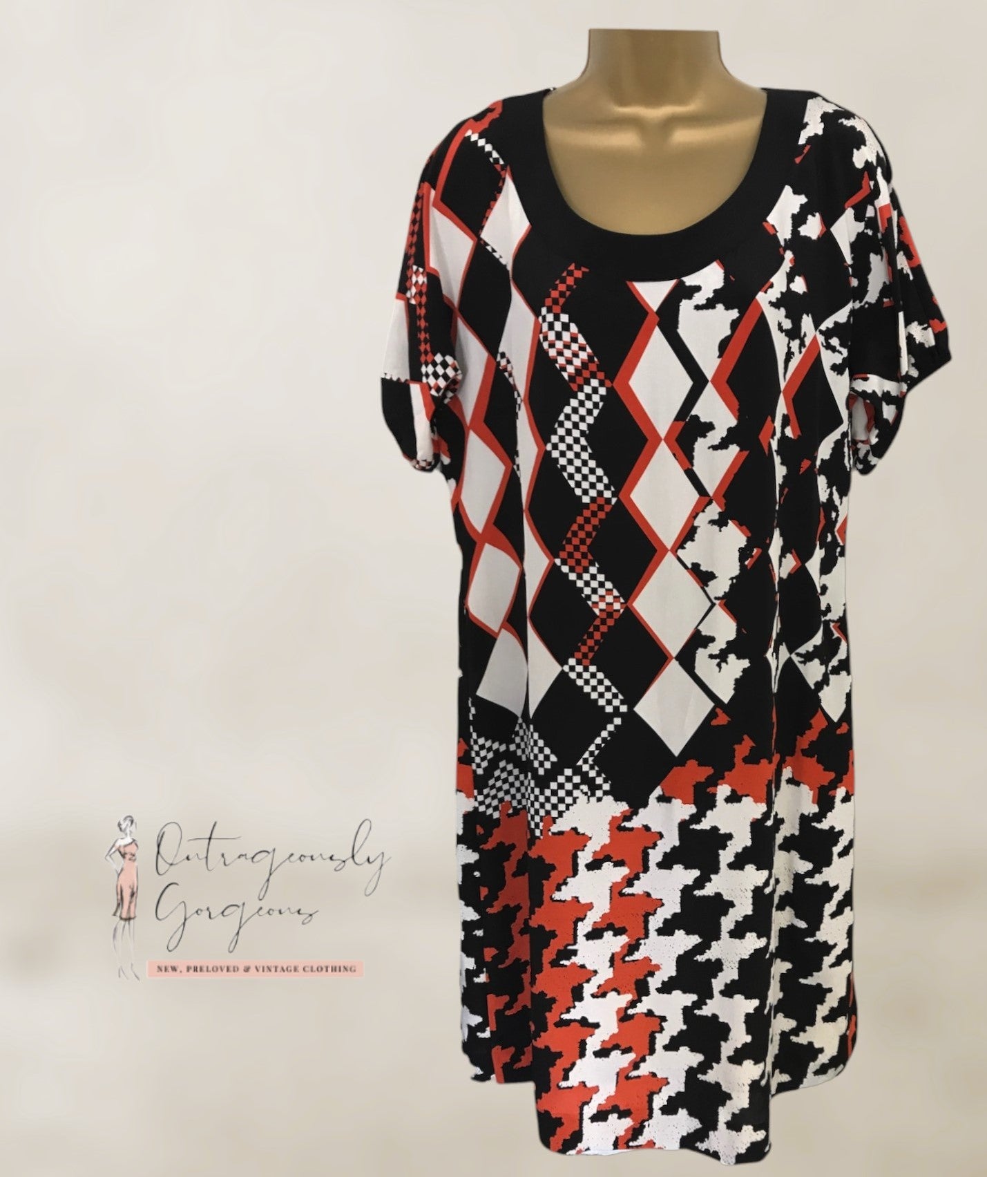 Planet Orange, Black & Ivory Pure Silk Tunic Dress UK 10 US 6 EU 38 Timeless Fashions