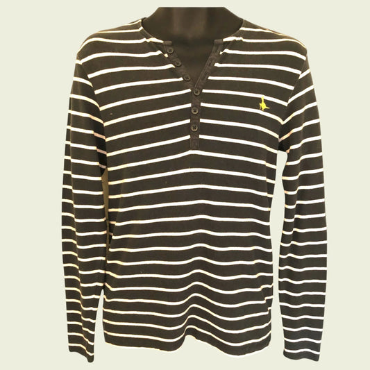 Jack Wills Mens Khaki & White Cotton Long Sleeve Striped Polo Shirt Size XS - Timelessfashions