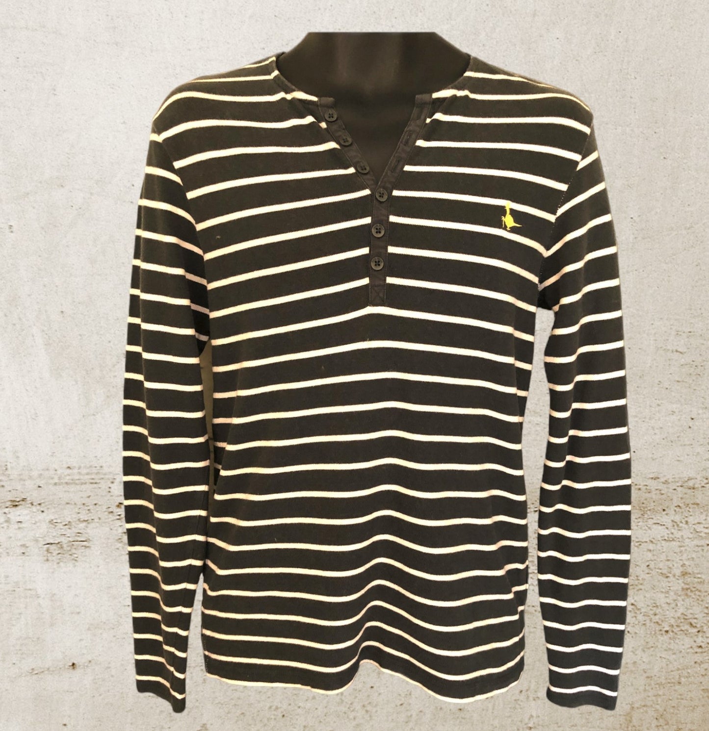Jack Wills Mens Khaki & White Cotton Long Sleeve Striped Polo Shirt Size XS Timeless Fashions