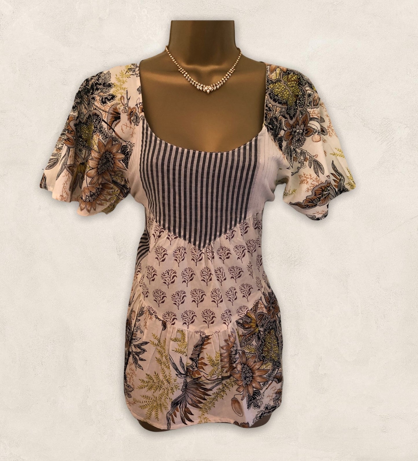 S'Nob Cream Floral Cotton Smock Top UK 12 US 8 EU 40 Timeless Fashions
