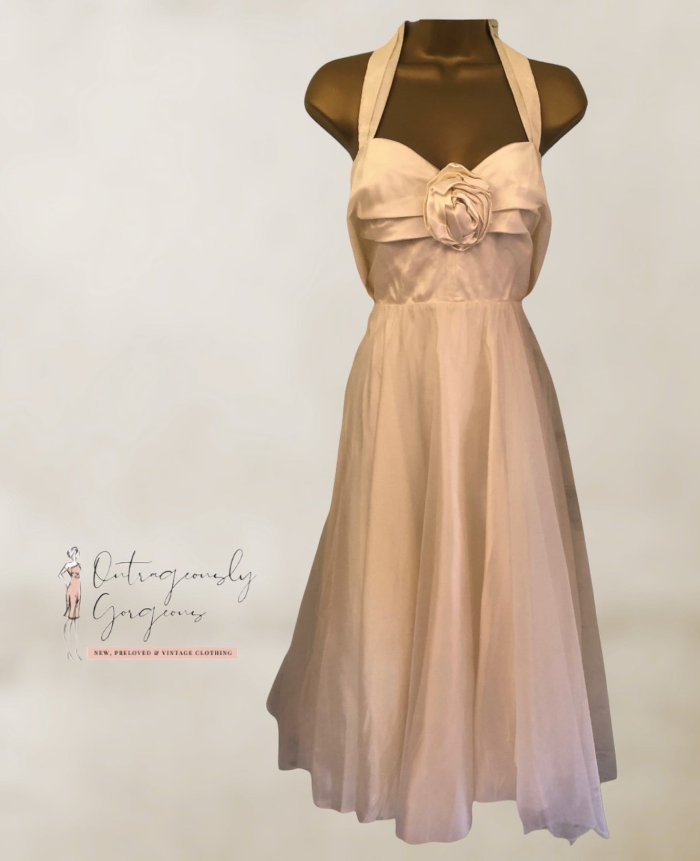 Linea Cream Satin & Organza Halter Neck Prom Dress UK 10 US 6 EU 38 Timeless Fashions