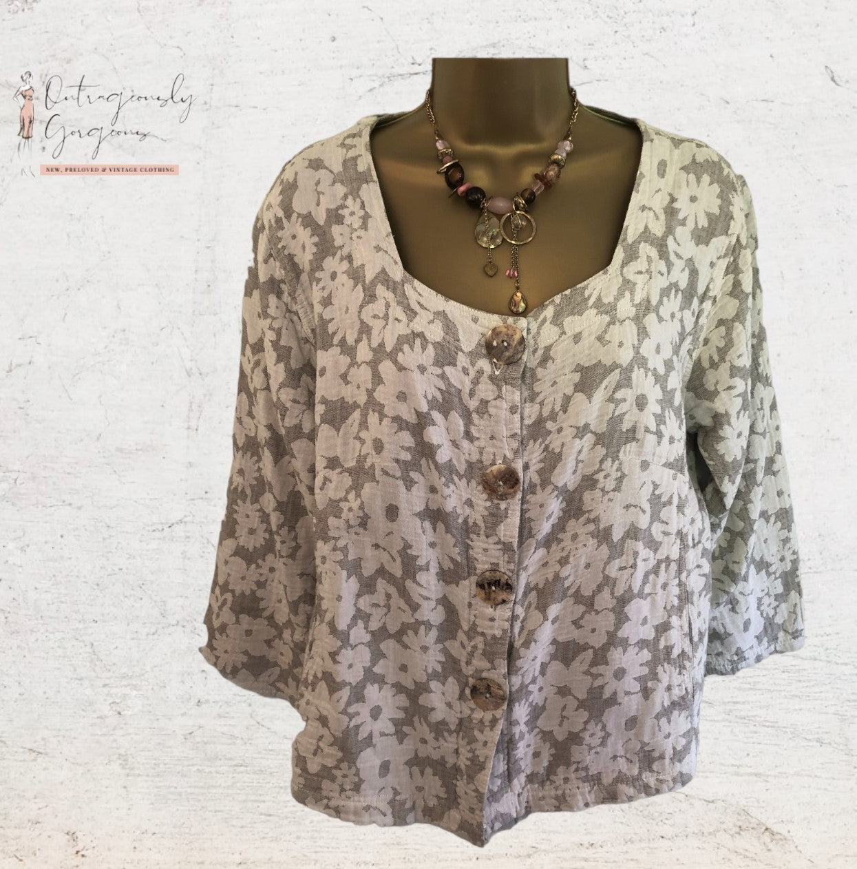 Sahara Ivory Cotton Floral Lagenlook Summer Jacket Size UK 18 US 14 EU 46 Timeless Fashions