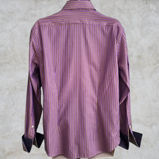 Rufus Men's Brown/Gold/ Lilac Stripe Shirt Size M - Timelessfashions