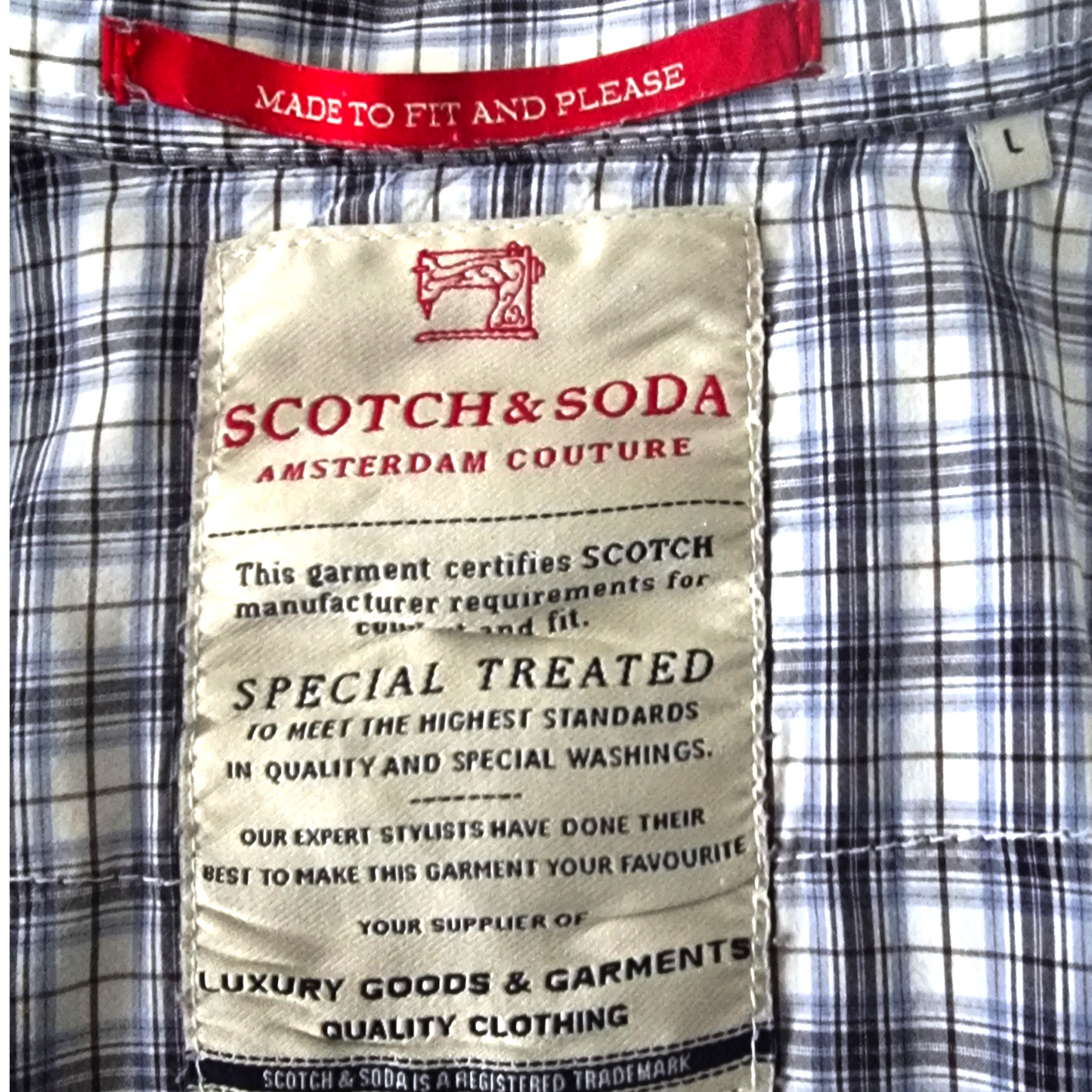 Scotch and Soda label on a plaid shirt