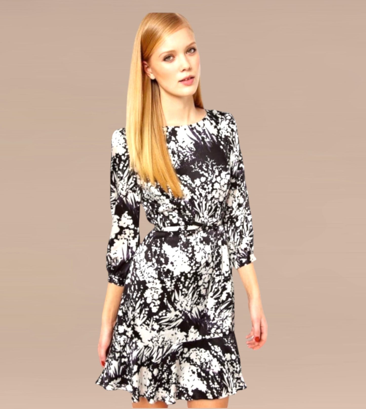 Karen Millen Black & White Fluid Print Silk Dress UK 12 US 8 EU 40 Timeless Fashions