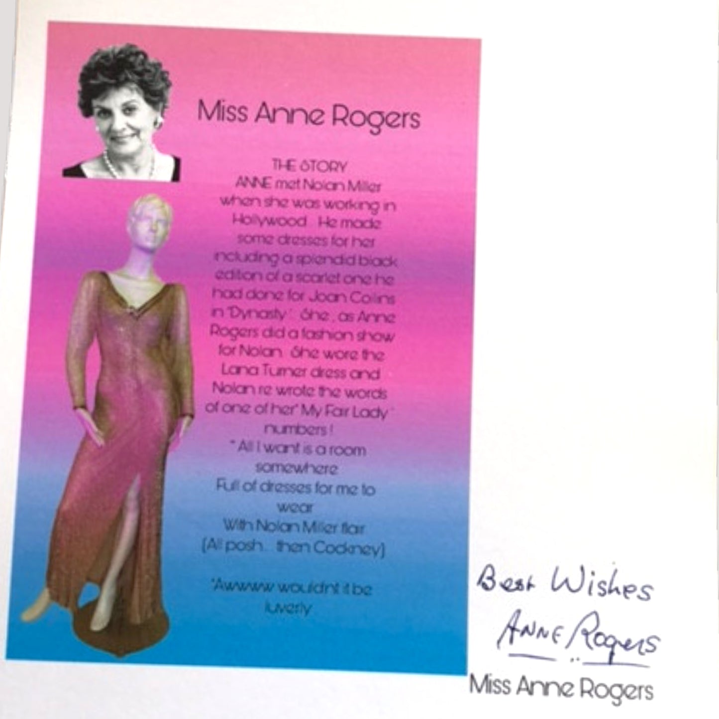 A square printed card or poster with a pink-to-blue gradient background, featuring a portrait of Miss Anne Rogers, a vintage-style dress mannequin illustration, biographical text, and handwritten signatures at the bottom right.