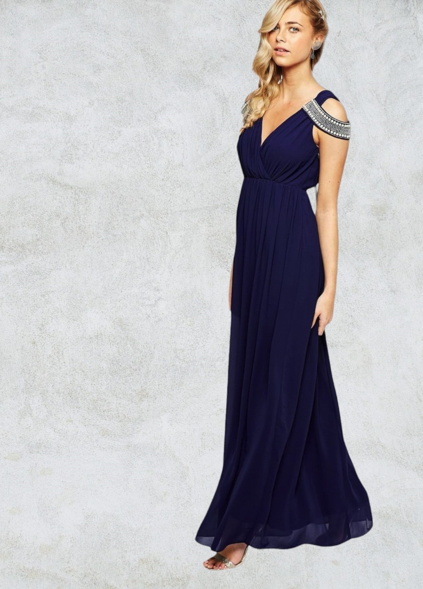 TFNC Navy Women's Cold Shoulder Wrap Front Maxi Dress Prom UK 14 US10 EU 42 Timeless Fashions