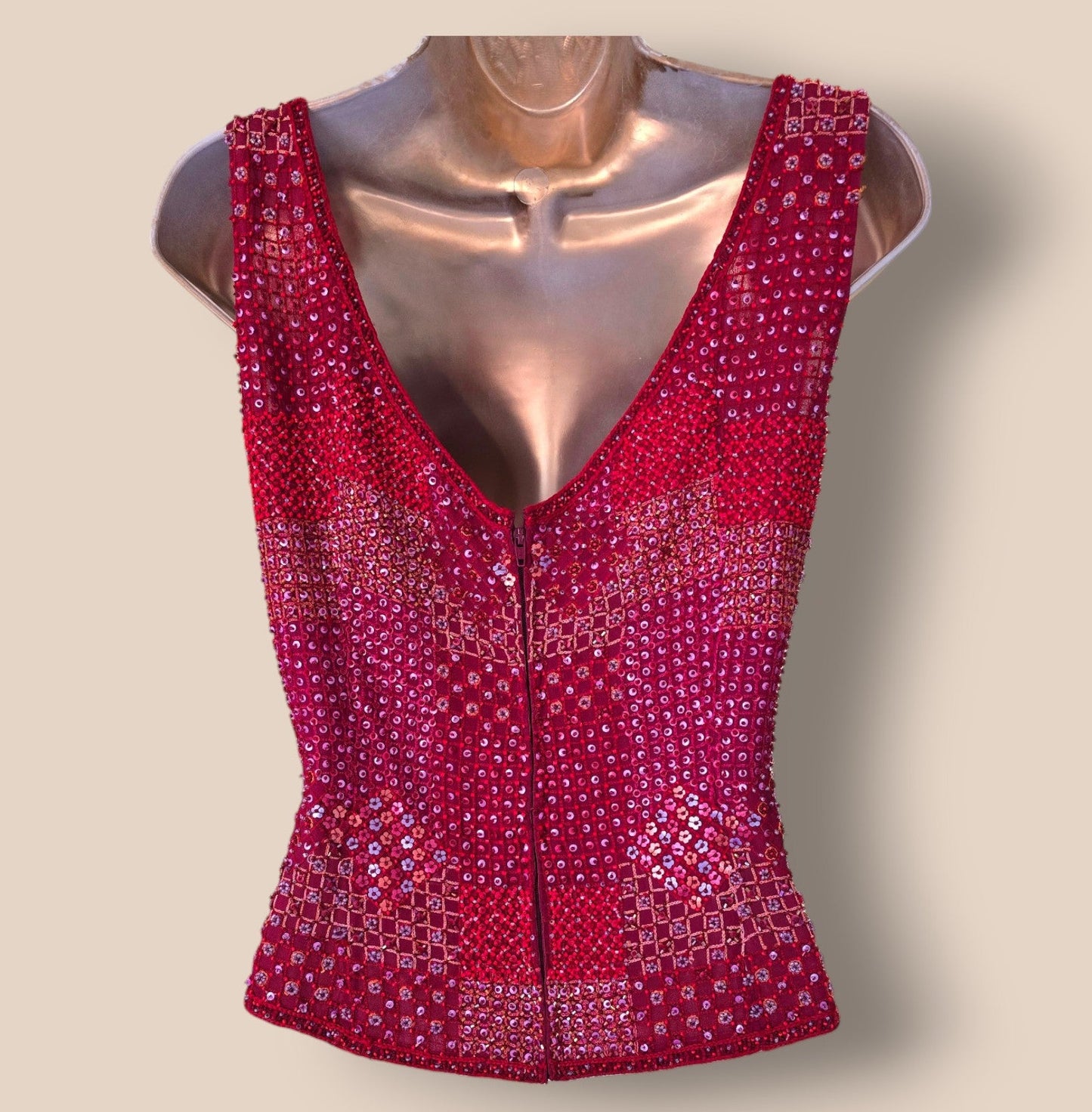 Caroline Charles Red Silk Sequin Jacket, Skirt & Cami Top UK 14/16 US 10/123 EU 42/44 - Timelessfashions