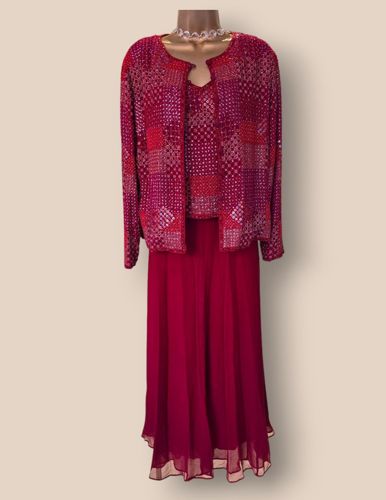 Caroline Charles Red Silk Sequin Jacket, Skirt & Cami Top UK 14/16 US 10/123 EU 42/44 - Timelessfashions