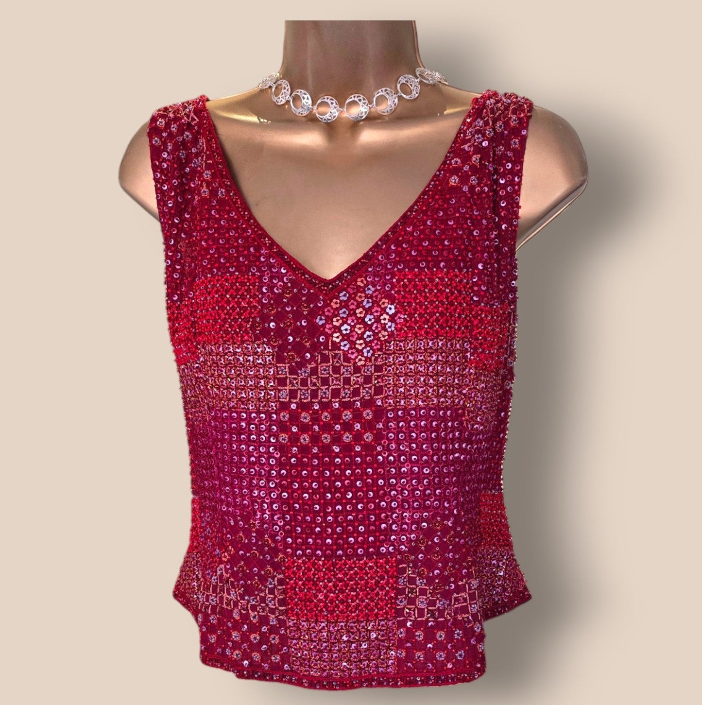 Caroline Charles Red Silk Sequin Jacket, Skirt & Cami Top UK 14/16 US 10/123 EU 42/44 - Timelessfashions
