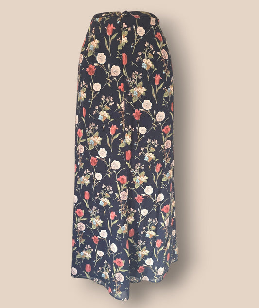 Caroline Charles Vintage Black Floral Midi Silk Skirt UK 14 EU 10 US 42 - Timelessfashions