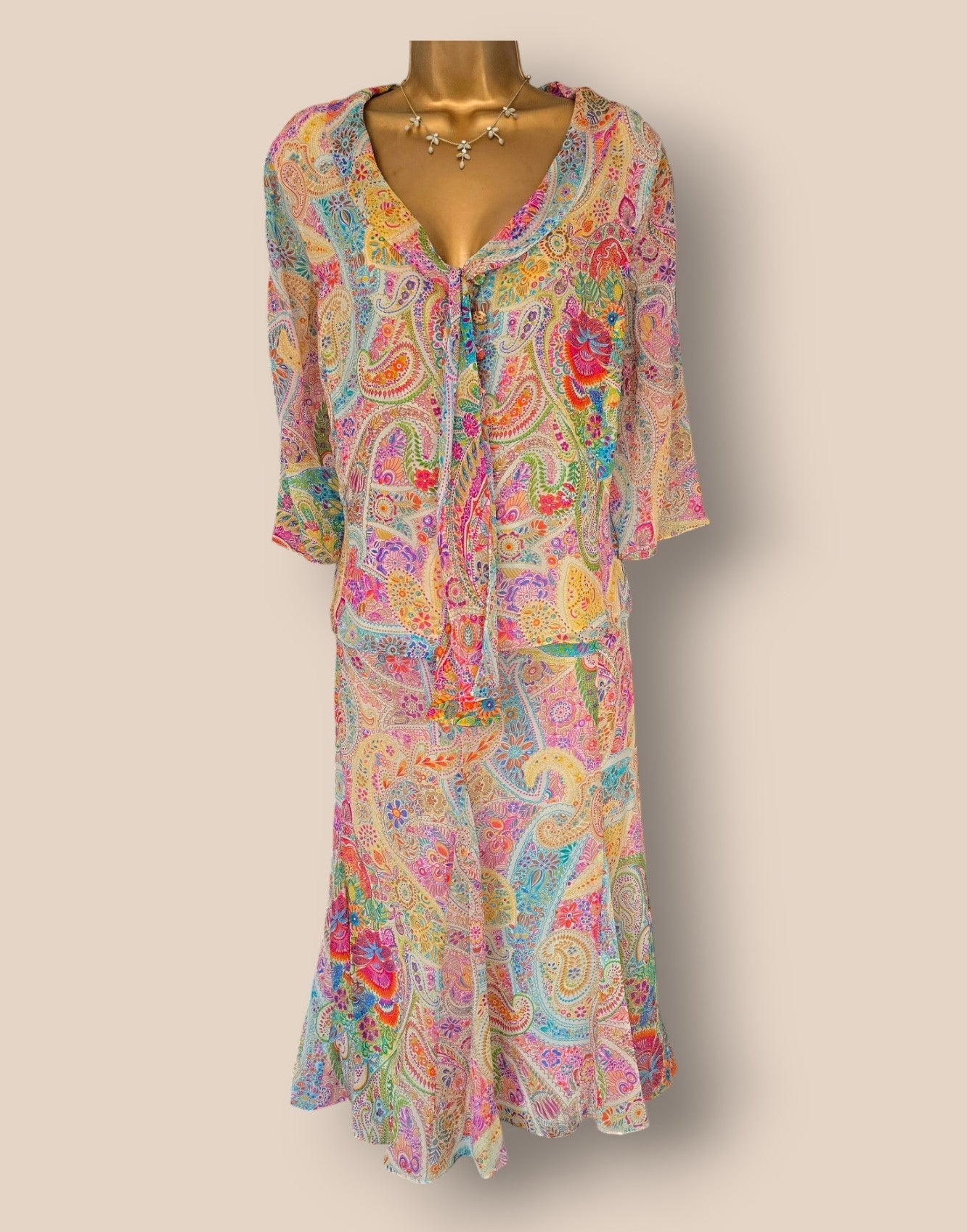 Caroline Charles Vintage Multicoloured Silk Blouse & Skirt UK 14/16 US 10/12 EU 42/44 - Timelessfashions