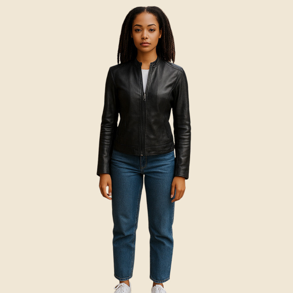 Person wearing a black leather jacket and blue jeans on a beige background