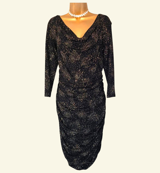 Damsel In A Dress Black And Gold Ruched Bodycon Dress UK 14 US 10 EU 42 - Timelessfashions