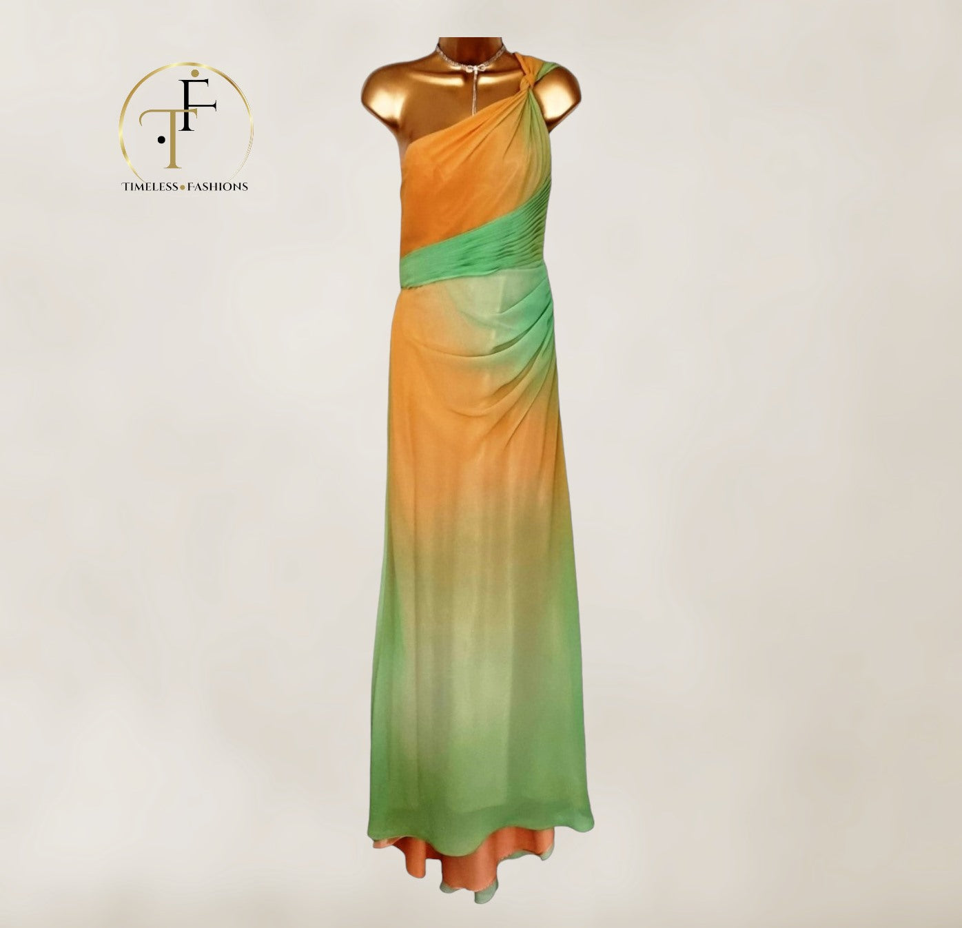Faviana Couture Peach & Green Fish Tail Maxi Dress UK 6 US 2 EU 34 IT 38 Timeless Fashions