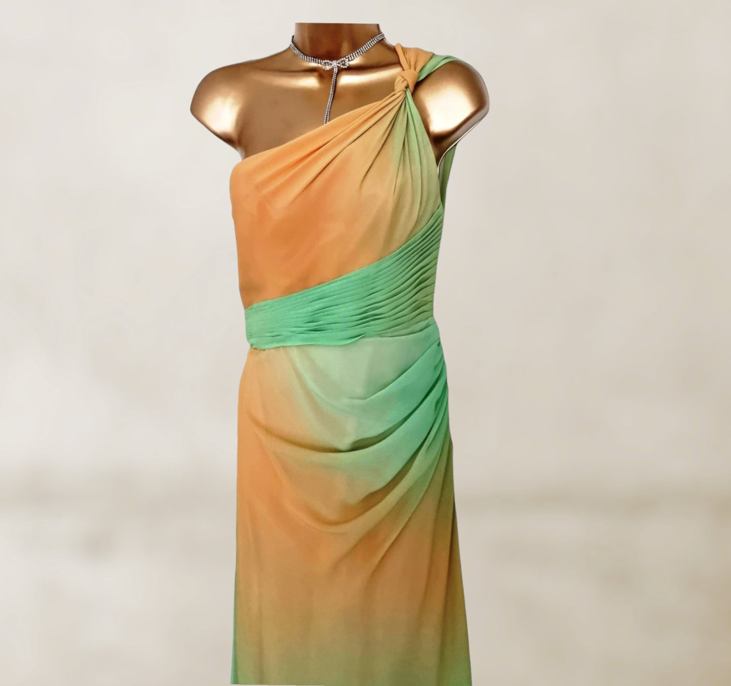 Faviana Couture Peach & Green Fish Tail Maxi Dress UK 6 US 2 EU 34 IT 38 Timeless Fashions