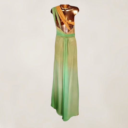 Faviana Couture Peach & Green Fish Tail Maxi Dress UK 6 US 2 EU 34 IT 38 Timeless Fashions