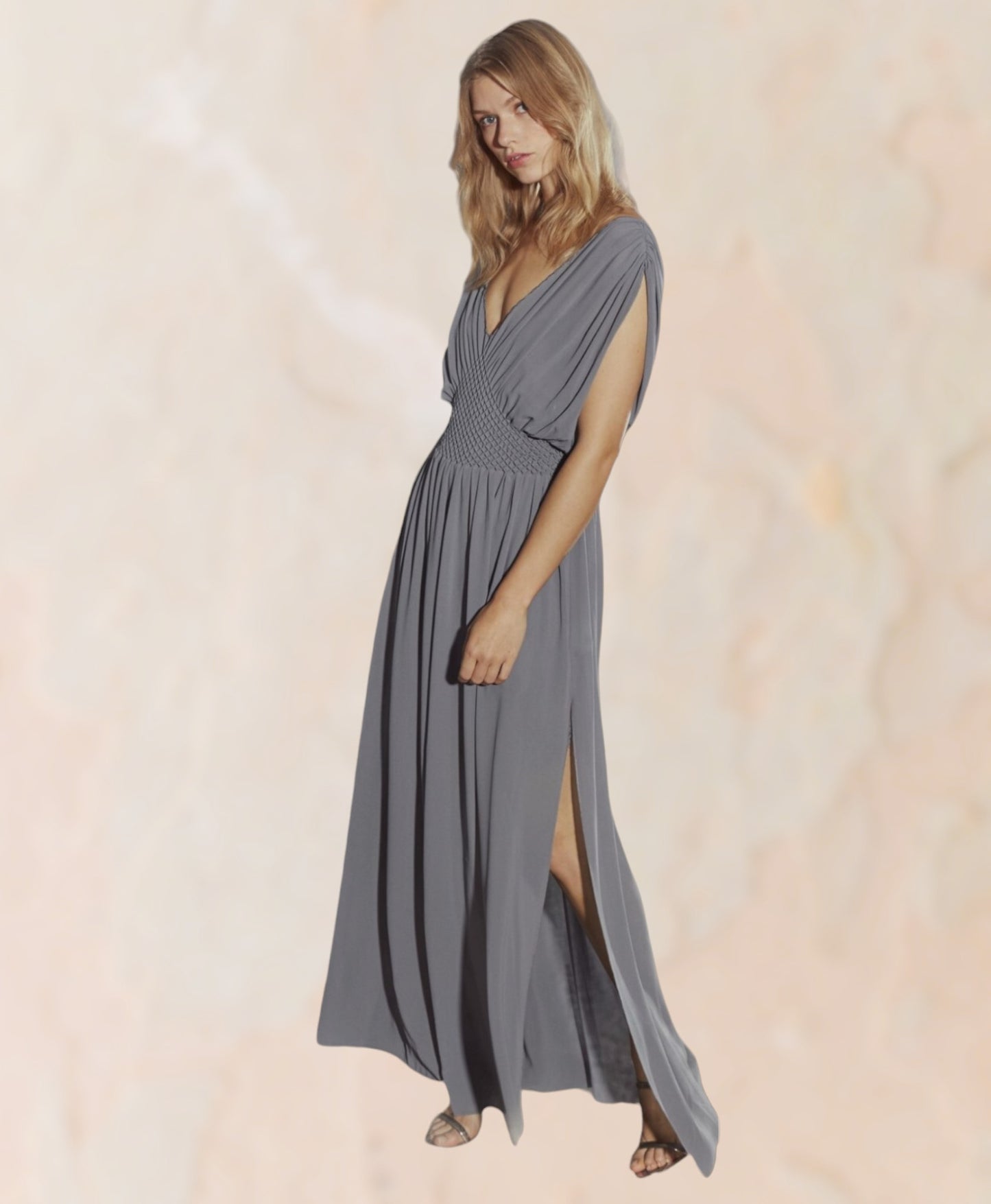 French Connection Jeunesse Grey Stitch V Neck Maxi Dress UK 12 US 8 EU 40 Timeless Fashions