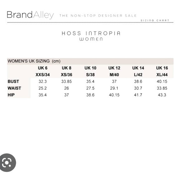 Hoss Intropia women's sizing chart on a white background