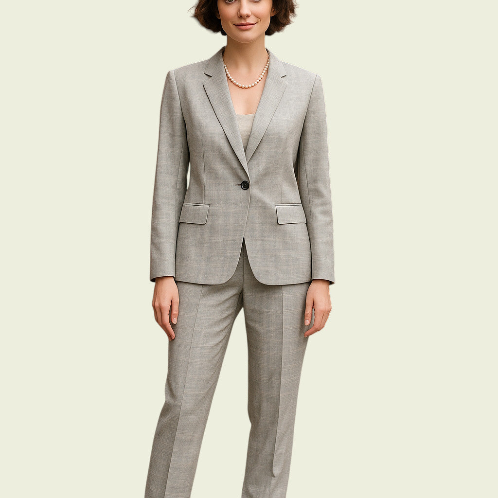 Woman wearing a mint green suit on a beige background