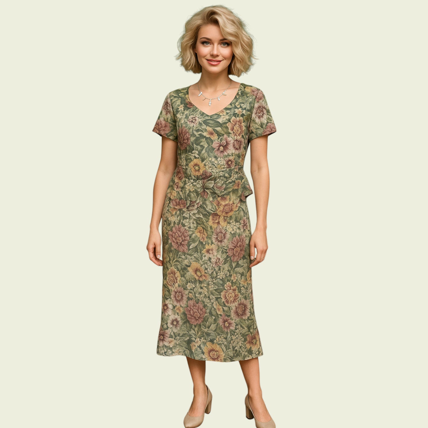 Woman wearing a floral dress on a beige background