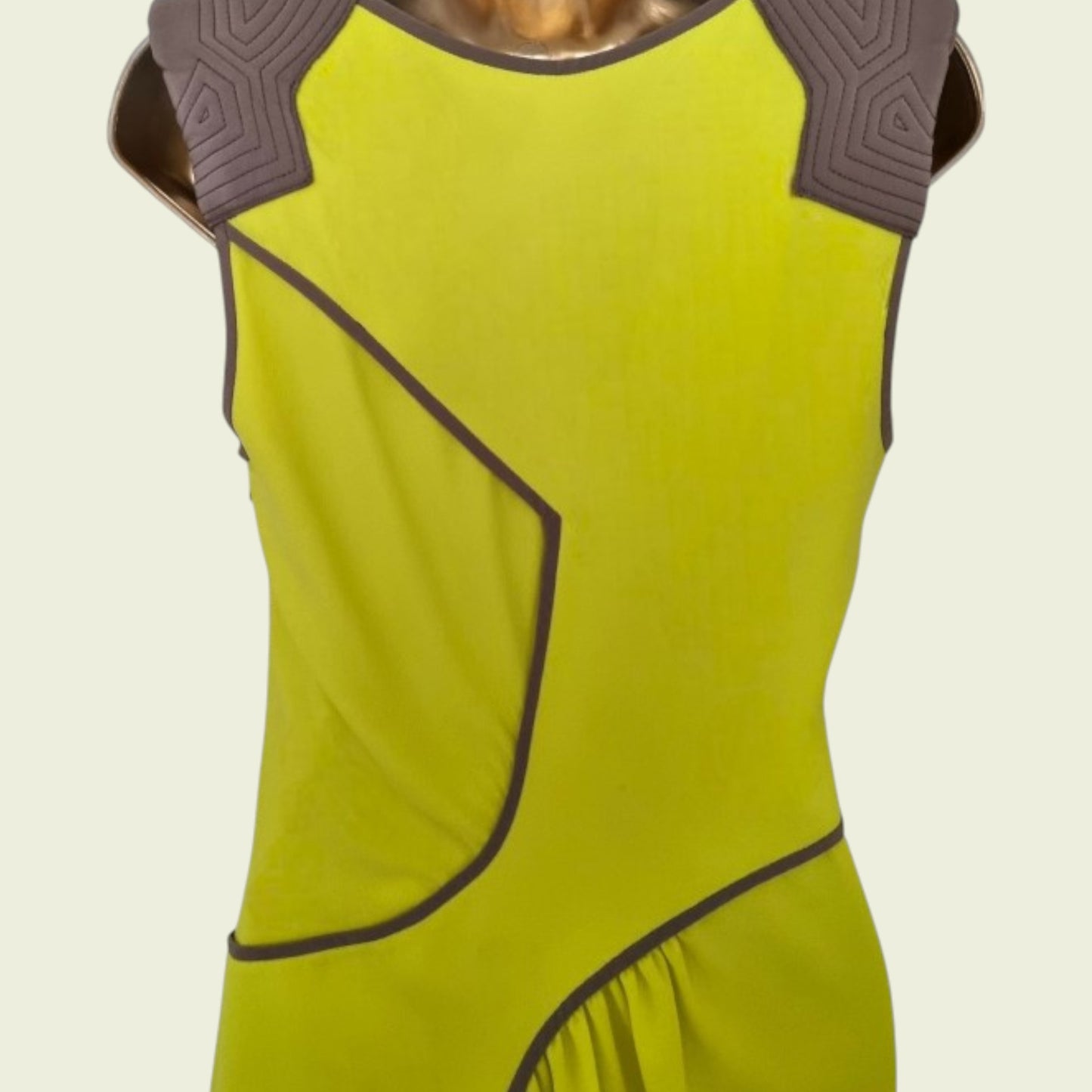 Yellow dress with brown accents on a beige background