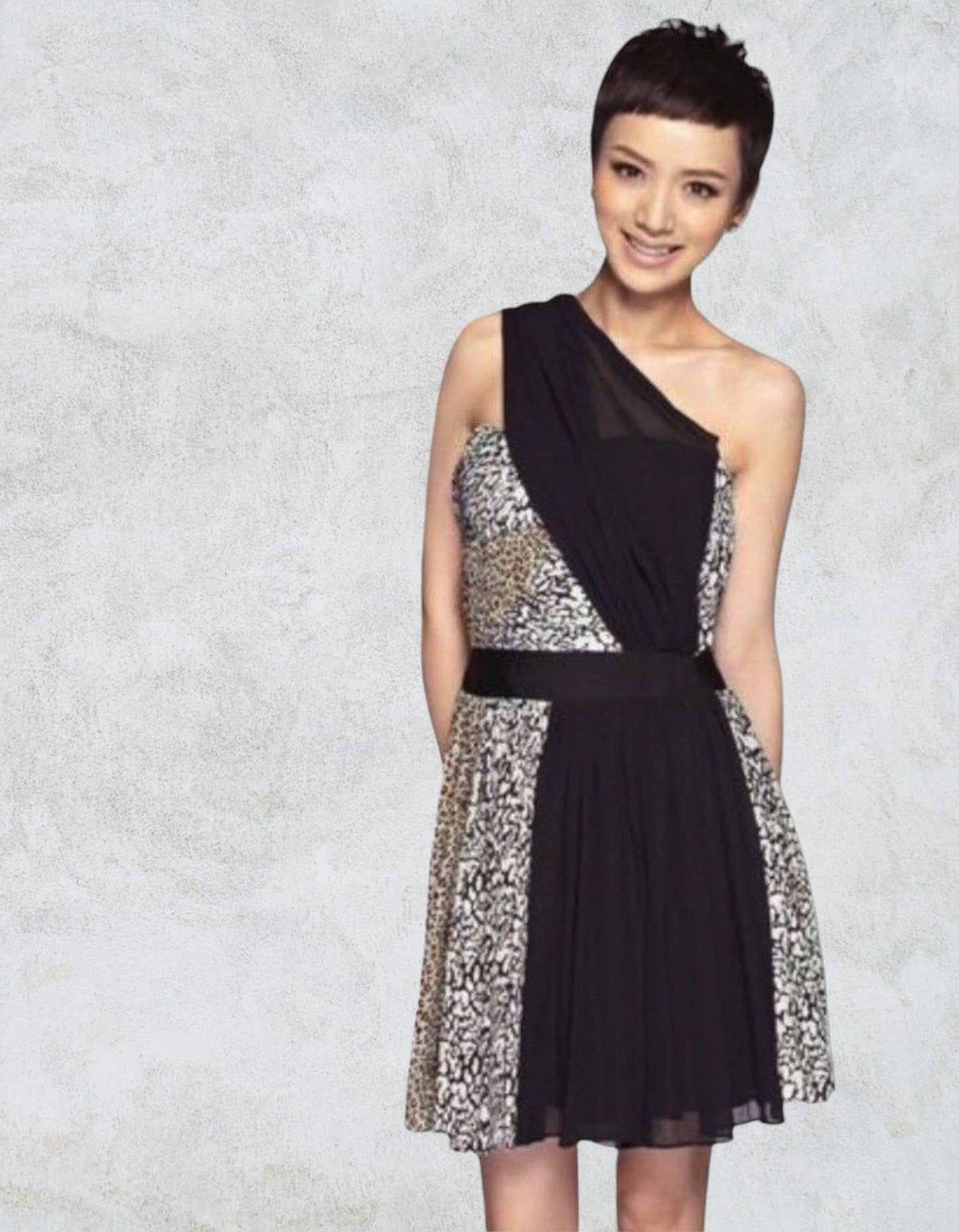 Reiss 1971 Myla Black Silk Leopard Print One Shoulder Dress UK 14 US 10 EU 42 Timeless Fashions