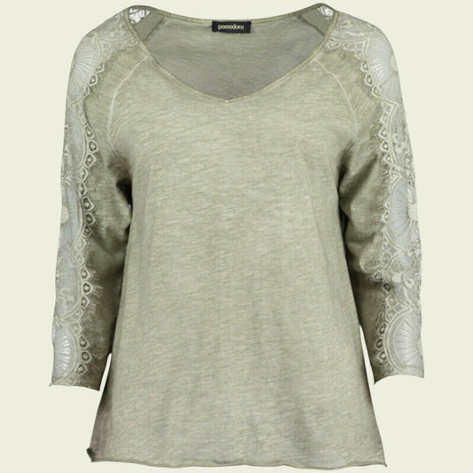 Light green long-sleeve top with lace detailing on a beige background