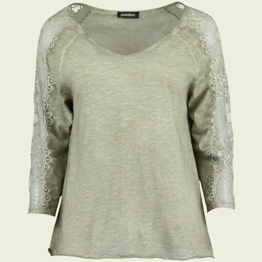 Pomodoro Women's Khaki V-Neck Lace Top UK 14 US 10 EU 42 - Timelessfashions
