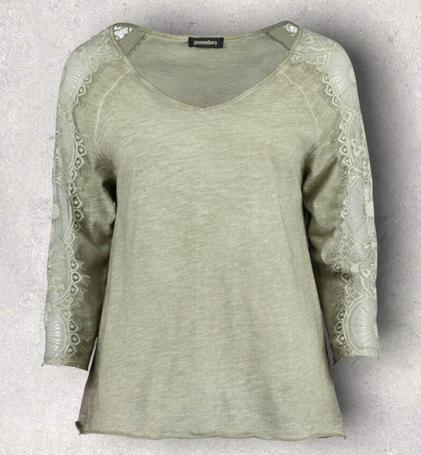 Pomodoro Khaki V-Neck Lace Top UK 18/20 US 14/16 EU 46/48 Timeless Fashions