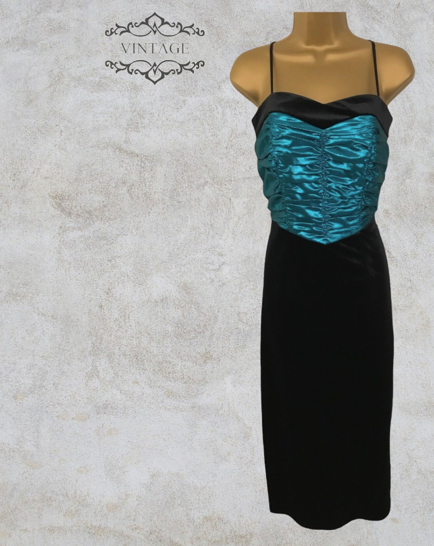 Weise Festmoden Women's Vintage Turquoise & Black Velvet Dress UK 12 US 8 EU 40 Timeless Fashions