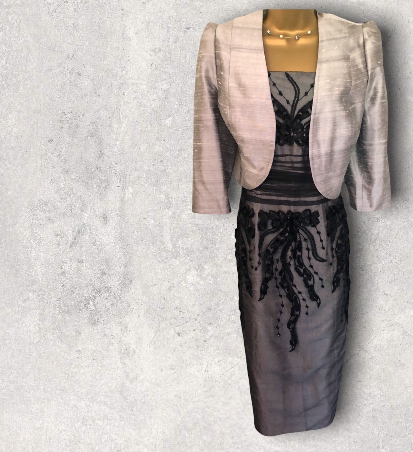 Condici Black Mesh & Grey Wild Silk Dress & Bolero UK 10 US 6 EU 38 Timeless Fashions