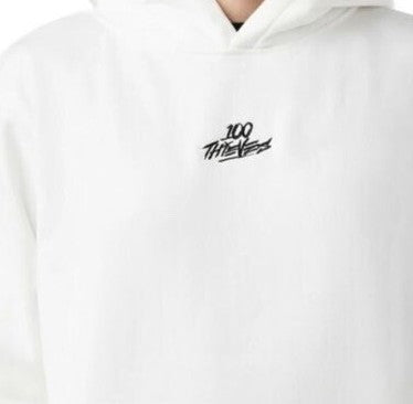 White hoodie with a small black logo on the chest