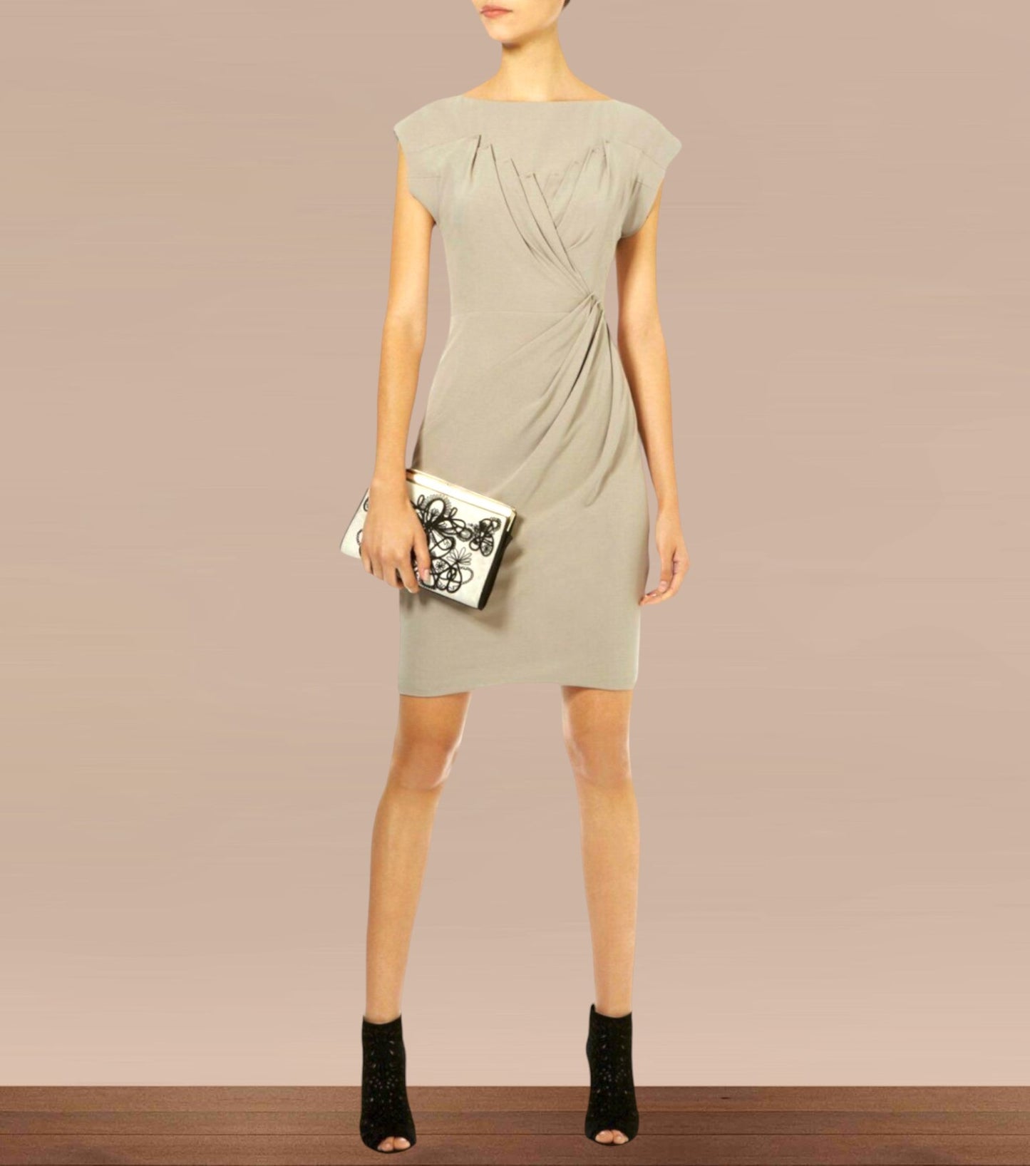 Karen Millen Taupe Jersey Folded Stretch Mini Dress UK 12 US 8 EU 40 Timeless Fashions