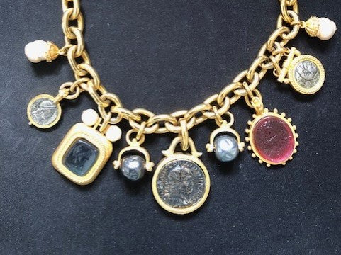 Linda Levinson Vintage Roman Coin Stone and Resin Link Chain Necklace Timeless Fashions