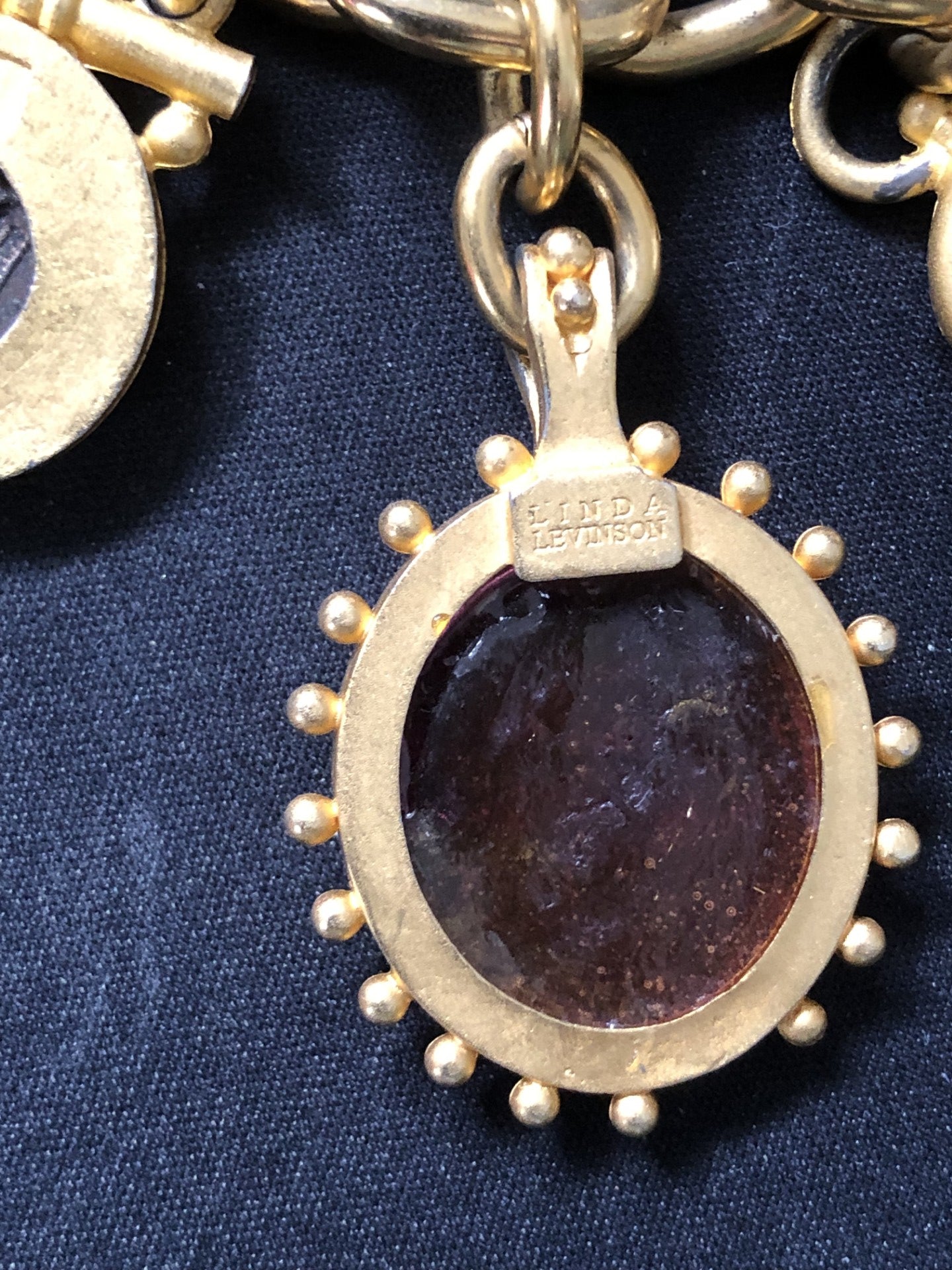 Linda Levinson Vintage Roman Coin Stone and Resin Link Chain Necklace Timeless Fashions