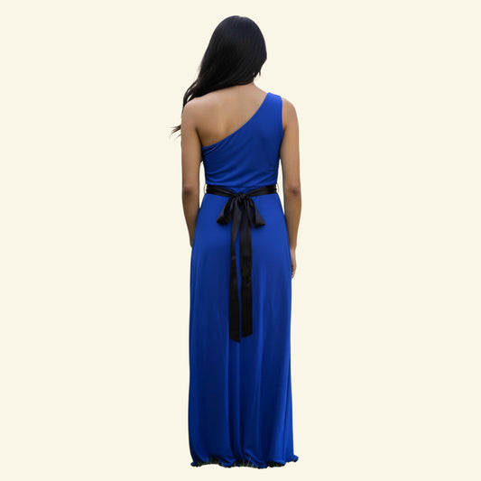 Timelessfashions Azure blue one shoulder maxi dress with black lace and sequin detail, black satin tie belt, crinkle hem. 100% Nylon.