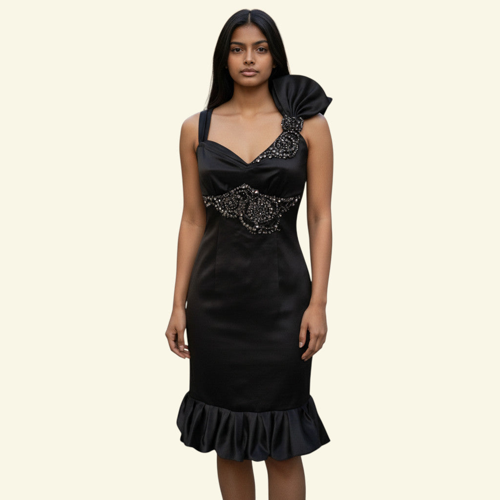 Karen Millen Black Satin Diamanté Bow Dress UK 12 US 8 EU 40
