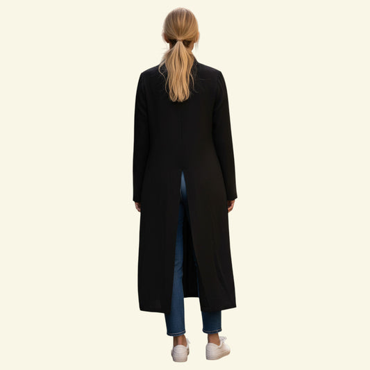 Timelessfashions black long wool lightweight coat with side slits and back seam detail, size UK 12.