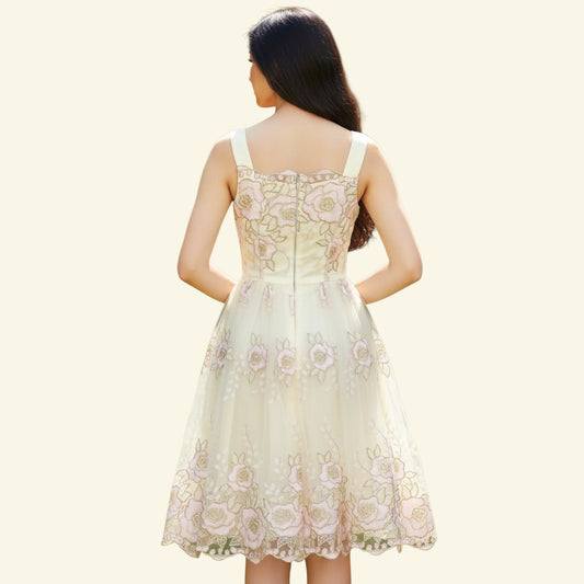 Timelessfashions cream tulle dress with pink and gold floral embroidery, sleeveless, knee-length A-line cut.