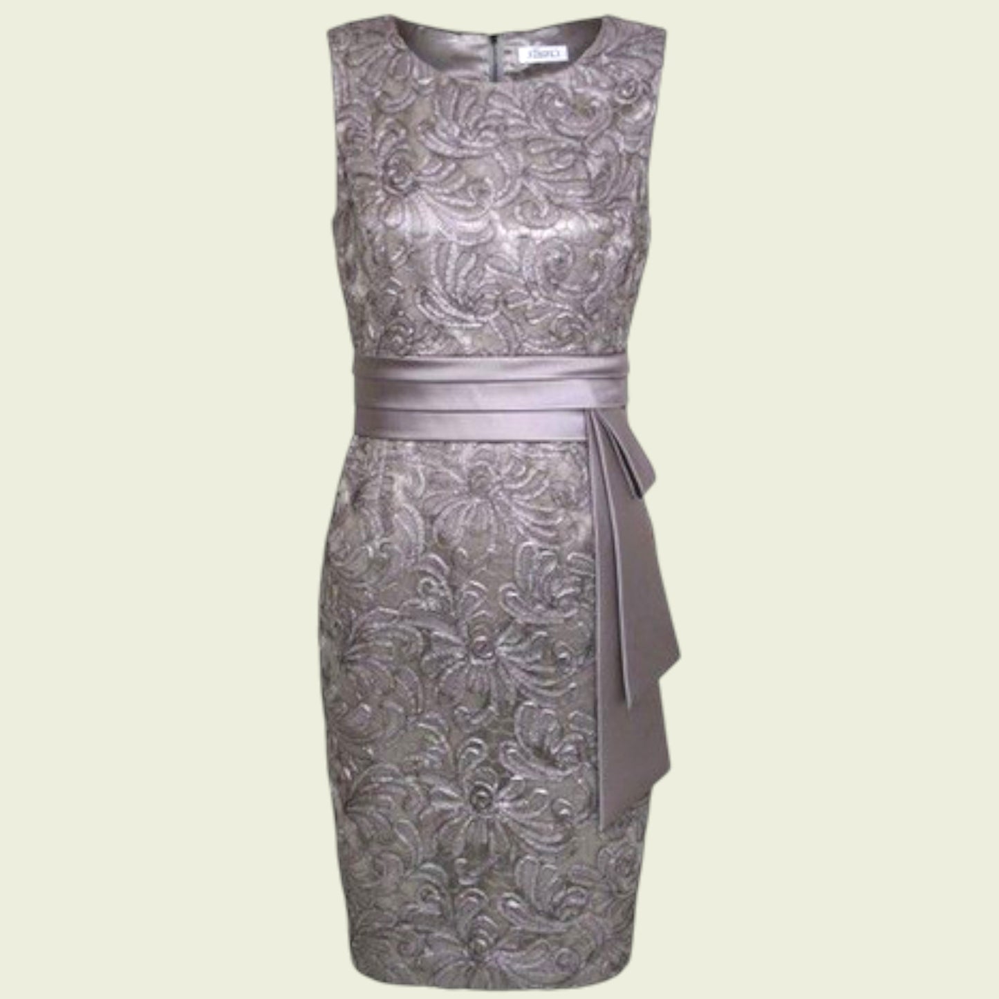Silver floral-patterned dress with a belt on a light beige background