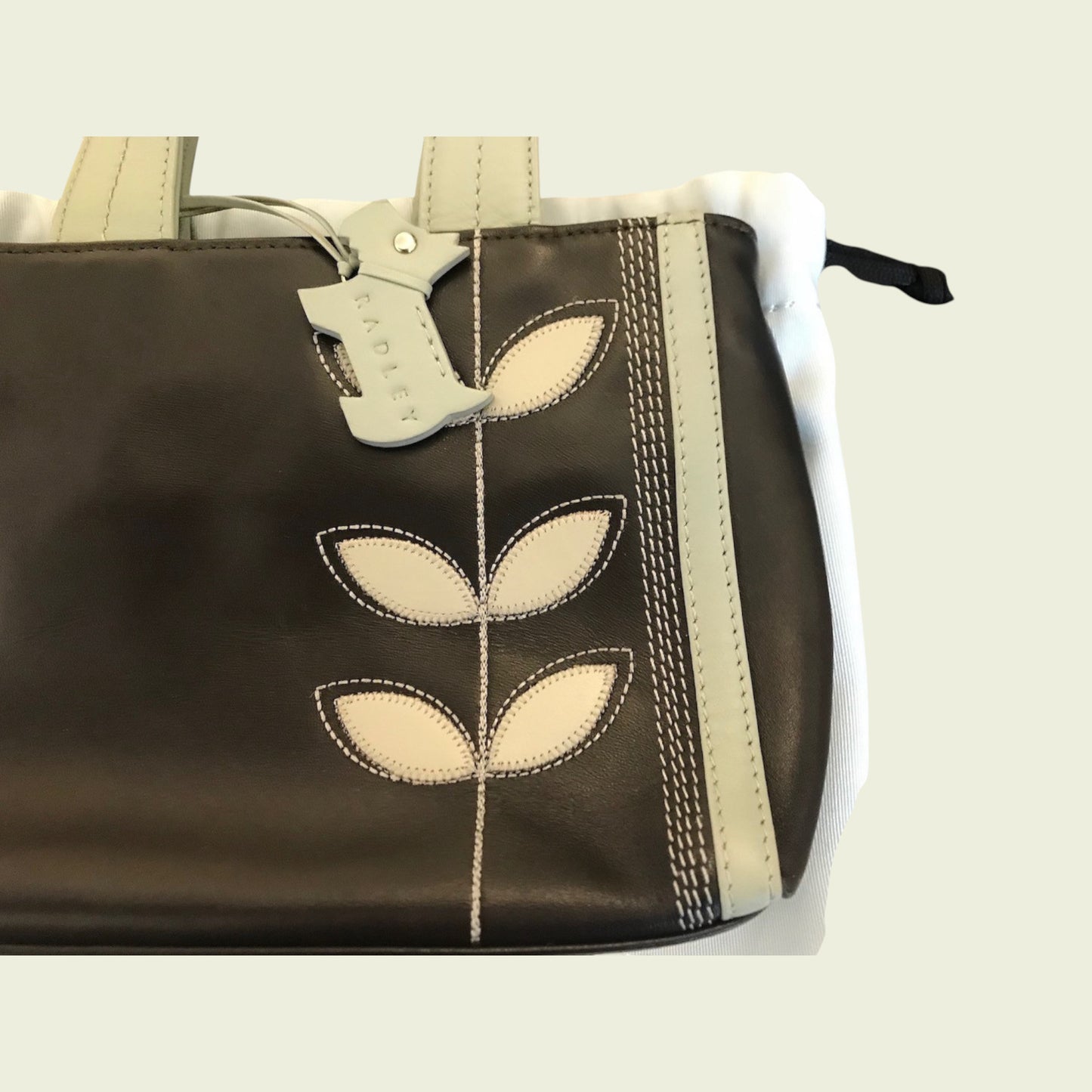 Brown bag with beige leaf designs on a white background