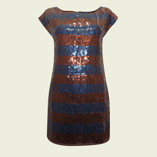 Sequined dress with blue and brown stripes on a beige background