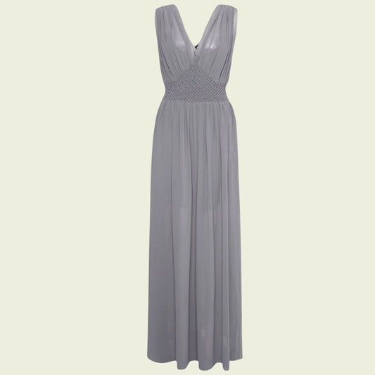 Gray evening gown on a light beige background