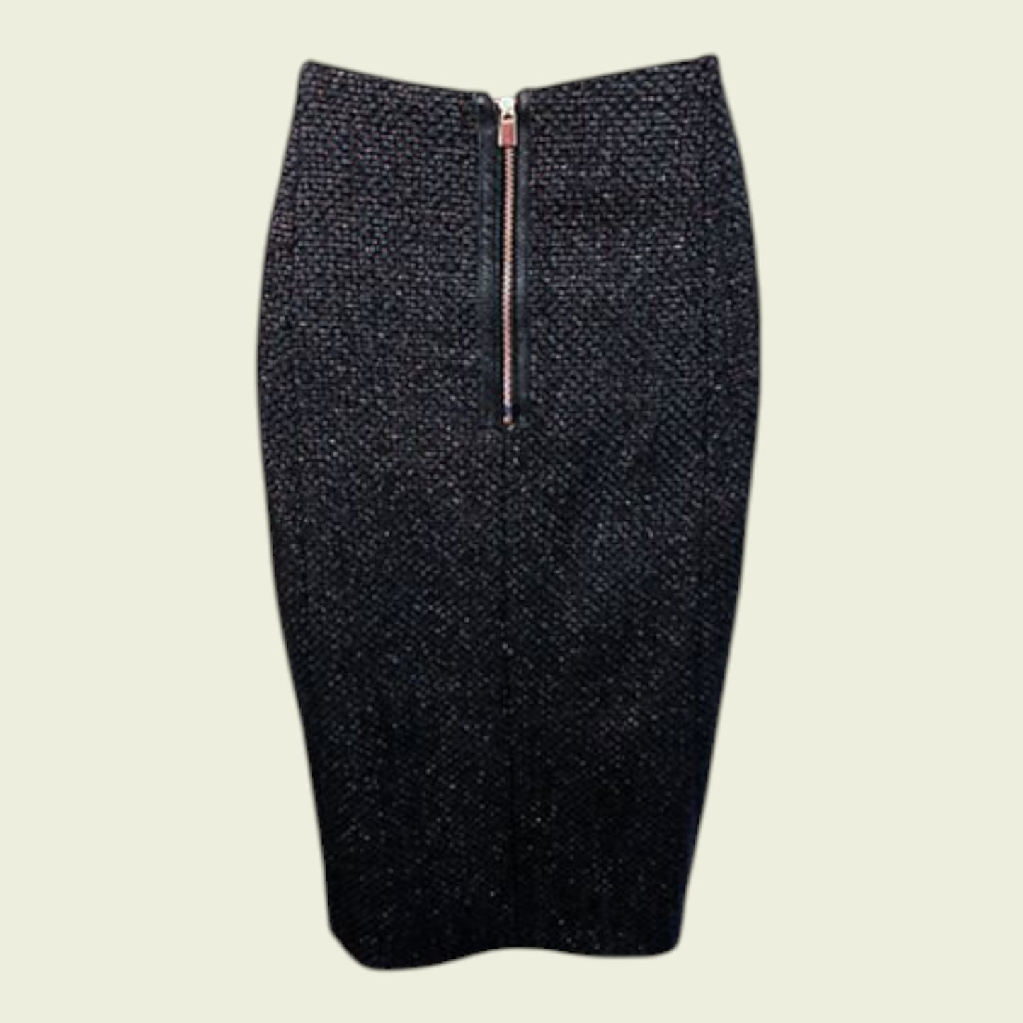 Navy textured pencil skirt with a zipper on a beige background