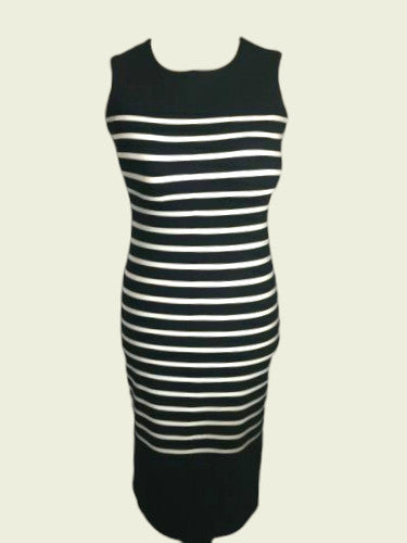 Navy and white striped dress on a light gray background
