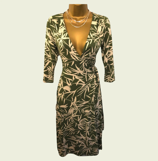 Kaliko Green Bamboo Crossover 3/4 Sleeve Wrap Tea Dress UK 8 US 4 EU 36 - Timelessfashions