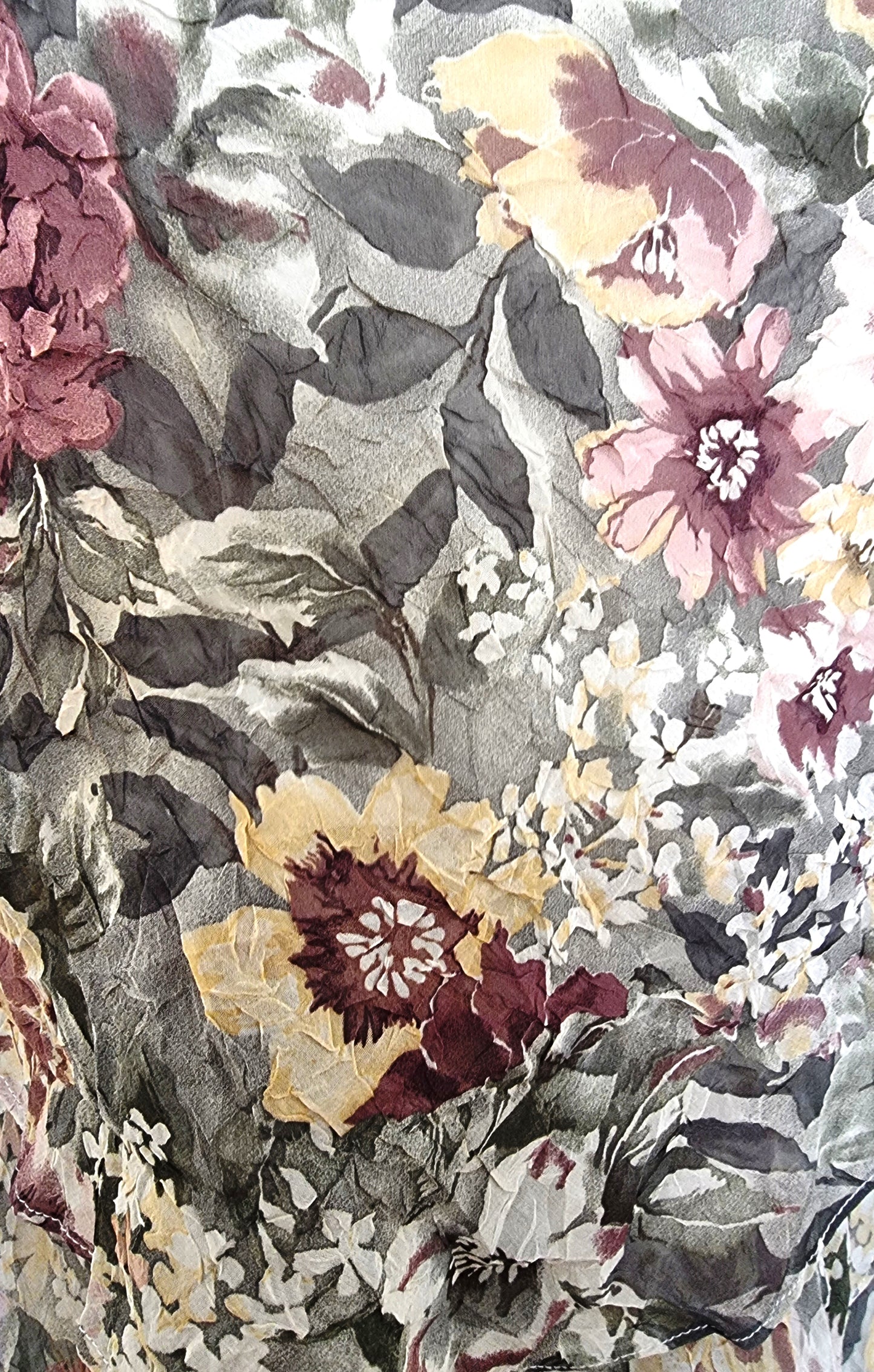 Close-up of a floral pattern with various flowers and leaves.